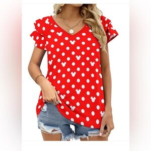 Ambrie Mickey Polkadot Red Ruffled Sleeve V-Neck Top - NWOT - XL